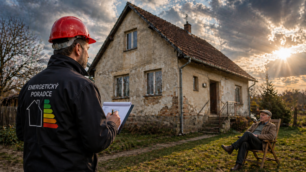 Energetický poradce na místním šetření staršího rodinného domu zkoumá podklady pro návrh renovačního pasu